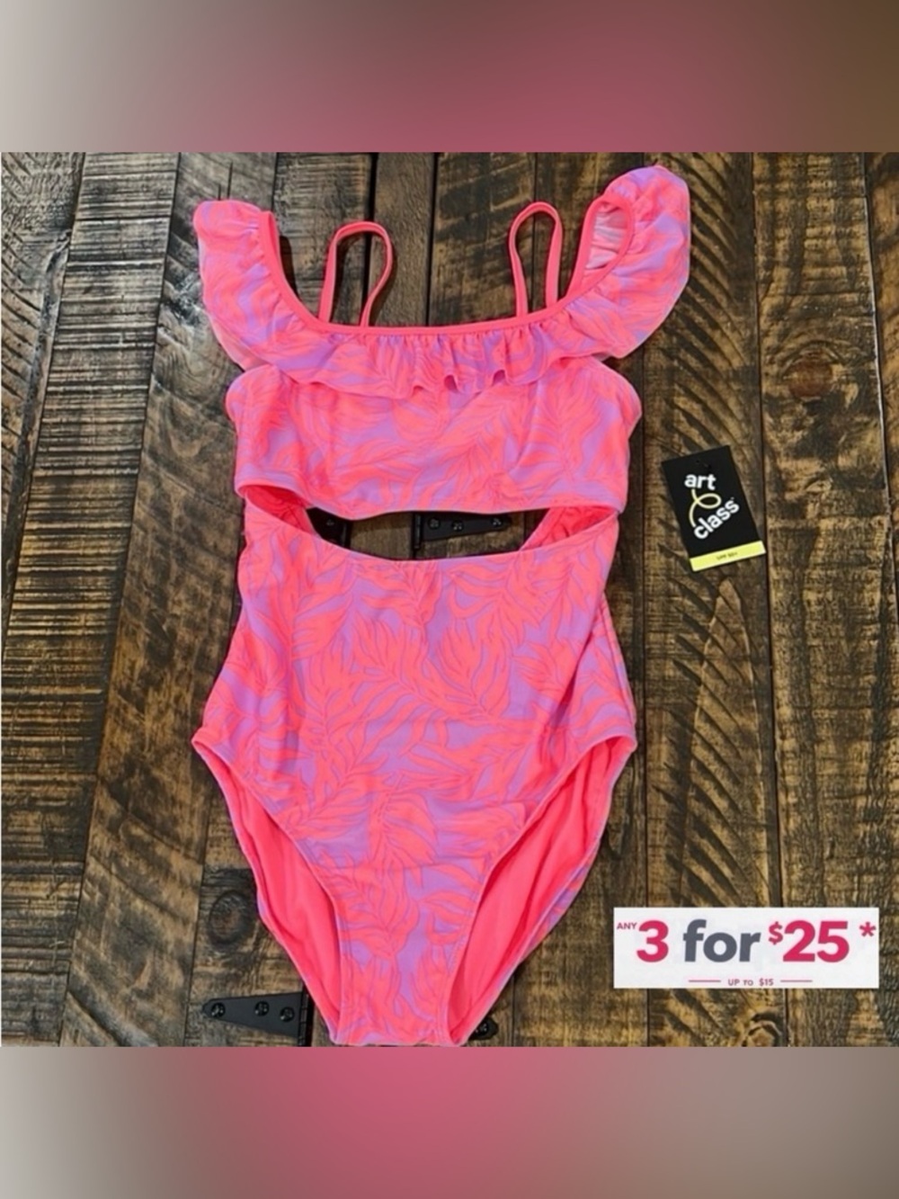 Art Class Off Shoulder Swimsuit XL 14/16 pink & purple